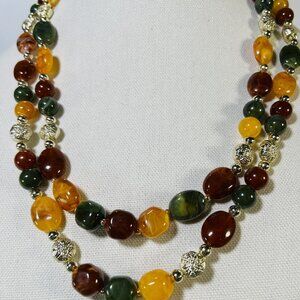 Vtg Amber-Like Beaded Earth tone Necklace Gold-Toned Accents Double-Strand 18"